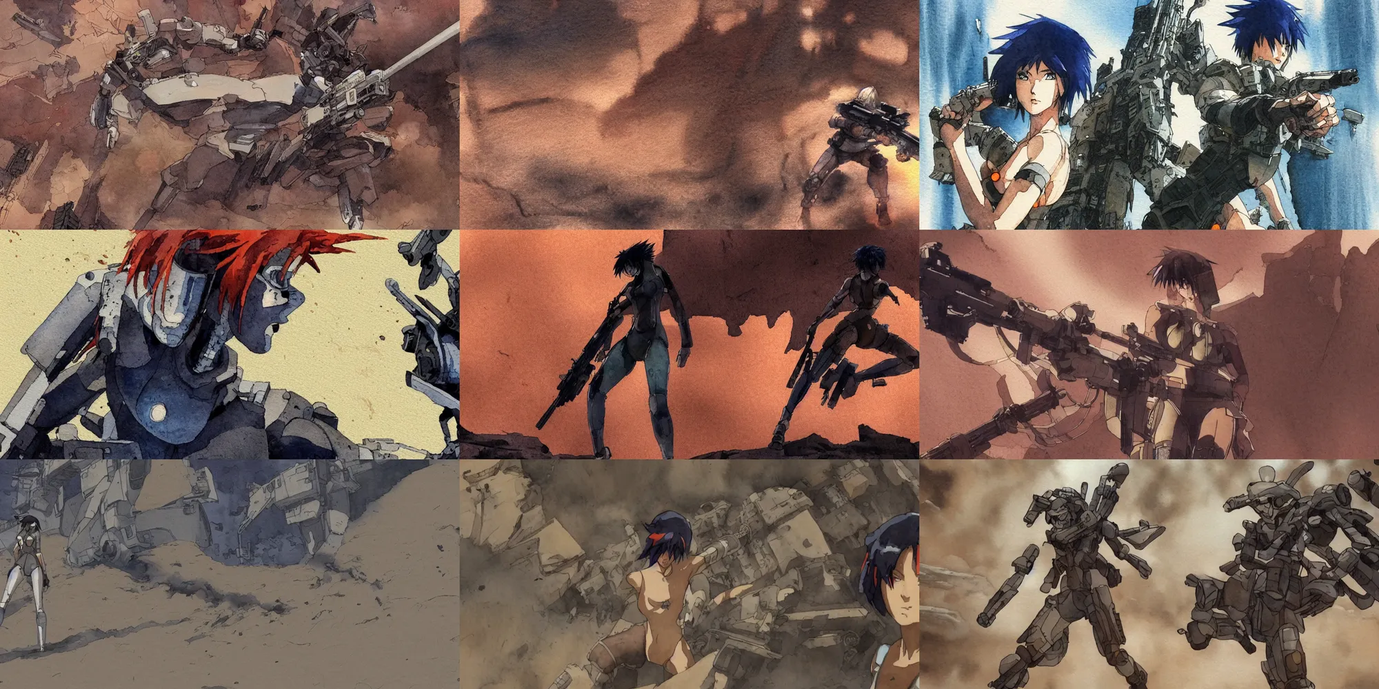 Prompt: incredible screenshot, simple watercolor, masamune shirow ghost in the shell movie scene close up broken Kusanagi tank battle,, battle in the grand canyon, sand dunes, cracks, brown mud, dust, impossible geometry, falling apart, last man standing, memorable scene, raging forest fire, red, blue, orange, cool hair, melting, danger, sniper, death, chaos, bodies on the ground, heavy rain, pipe jungle, reflections, refraction, bounce light, phil hale, rim light, bokeh ,hd, 4k, remaster, dynamic camera angle, deep 3 point perspective, fish eye, dynamic scene