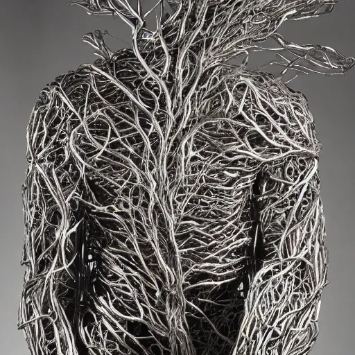 Image similar to a human man statue encased by a cosmic tree, a sense of awe, amazement, monogon, plasma display, wooden, silver, mercury, damascus, armature wire, multiscopy, morph, in a symbolic and meaningful style, insanely detailed and intricate, hypermaximalist, elegant, ornate, hyper realistic, super detailed,