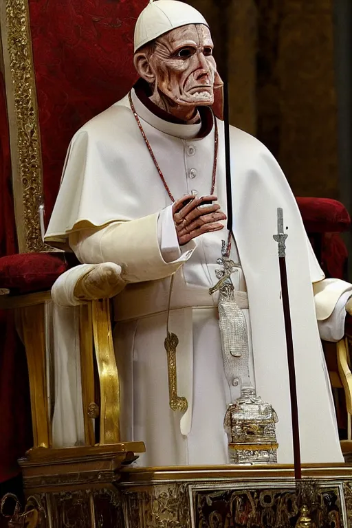 Image similar to mummified pope in his throne at the vatican, desiccated, close - up portrait, pontiff hat, mitre pretiosa, hyper realistic, sharp focus, highly detailed