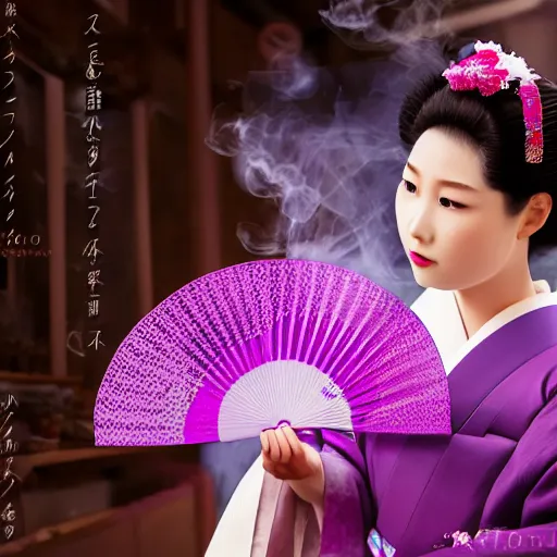 Image similar to Japanese geisha with beautiful violet paper fan, 4k photography, 30 mm lens, cinematic light, warm atmosphere, in style of Kar Wai Wong, cigarette smoke trail