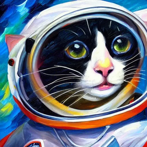 Prompt: portrait painting of a black and white cat as an astronaut by Leonid Afremov