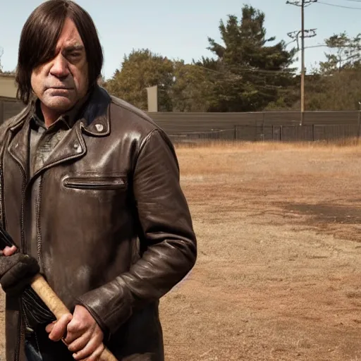 Prompt: cinematic still from the walking dead tv show with negan played by anton chigurh, anton is smiling and holding baseball bat, dark