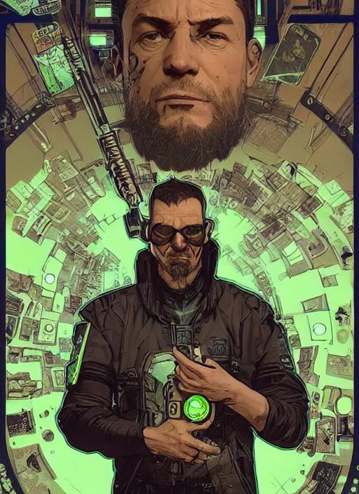Prompt: cyberpunk pawnshop owner. portrait by ashley wood and alphonse mucha and laurie greasley and josan gonzalez and james gurney. splinter cell, apex legends, rb 6 s, hl 2, d & d, cyberpunk 2 0 7 7. realistic face. character clothing. vivid color. dystopian setting.