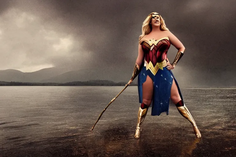 Image similar to a cinematic painting of gemma collins as wonderwoman near a lake on a rainy day, beautiful lighting, high depth, ultra realistic, artistic, by annie leibovitz