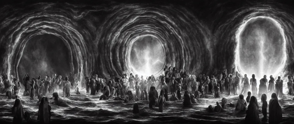 Image similar to alvah angelrune water portal to hell located in heaven, photorealistic, crowd of people, rule of thirds, 4 k, dark bright effect, michelangelo