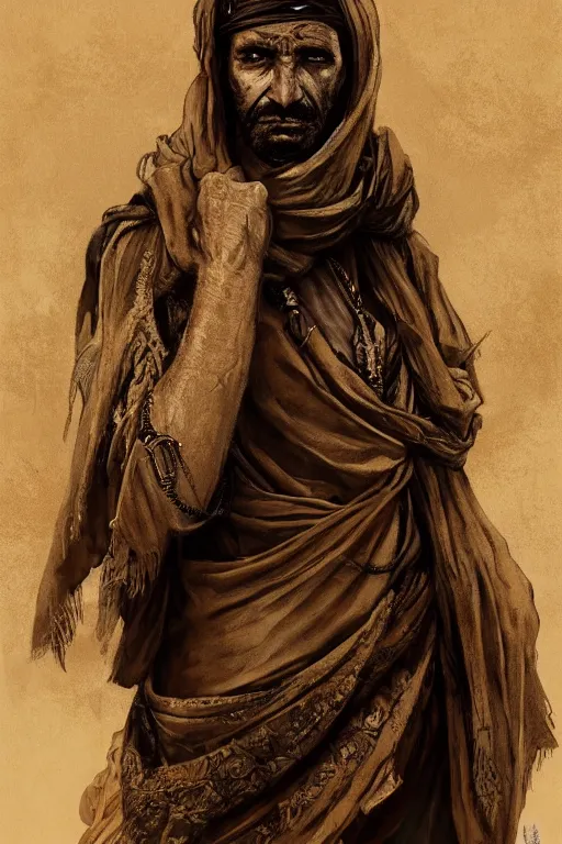 Image similar to a full body portrait of a beautiful post apocalyptic offworld desert bedouin blind beggar by the road, intricate, elegant, highly detailed, digital painting, artstation, concept art, smooth, sharp focus, illustration, art by krenz cushart and artem demura and alphonse mucha