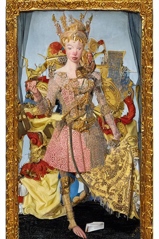 Prompt: hyperdetailed matte illustration of a knight wearing an ornate gold headpiece and holding a flower with a map of the collective subconscious in the background by john currin