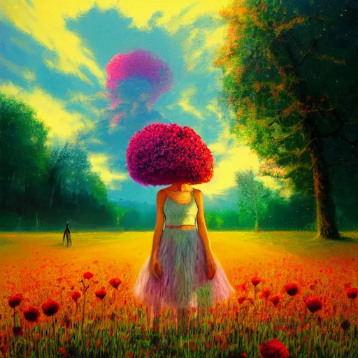 Image similar to girl with surreal exploding flower head, standing in flower field, big trees, sunrise dramatic light, impressionist painting, colorful clouds, digital painting, pointillism, artstation, simon stalenhag