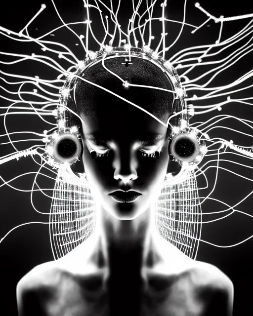 Image similar to black and white connected cyborg - plant goddess high quality photo, microchip, artificial intelligence, bio - mechanical bio - luminescence, black wired cables, neurons, nerve cells, cinematic, rim light, photo - realistic, elegant, high detail, 8 k, masterpiece, high fashion, in the style of man ray