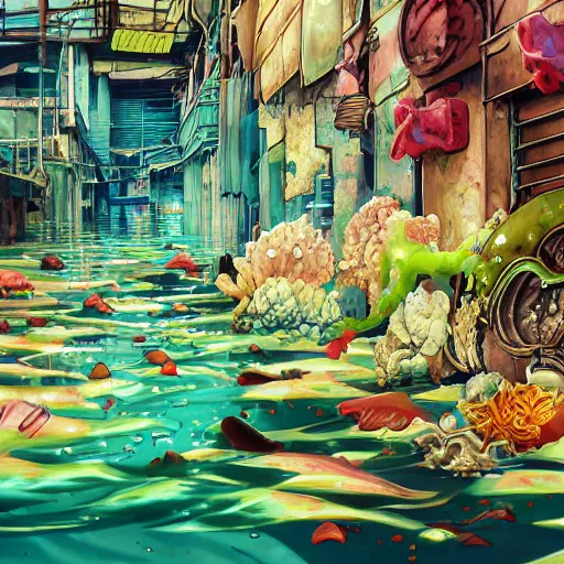 painted anime background of a flooded underwater slums | Stable Diffusion