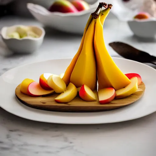 Image similar to beautiful photo of food art of sailing ship made from mango, bananas and apple pieces on a white plate, dslr