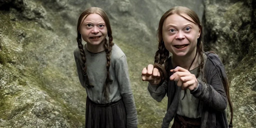 Image similar to greta thunberg as gollum, holding the ring up,!!! my precious!!!, big wide open eyes, creepy smile, inside a cave, fog, dark cinematic, moonlight, still shot from the new lord of the rings movie