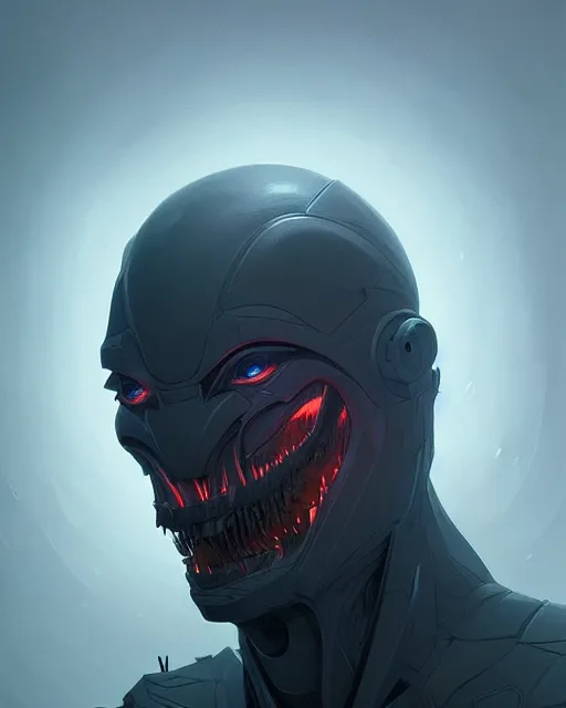 Prompt: professional concept art portrait of a predatory robotic villain in a dark room by artgerm and greg rutkowski. an intricate, elegant, highly detailed digital painting, concept art, smooth, sharp focus, illustration, in the style of cam sykes, wayne barlowe, igor kieryluk.