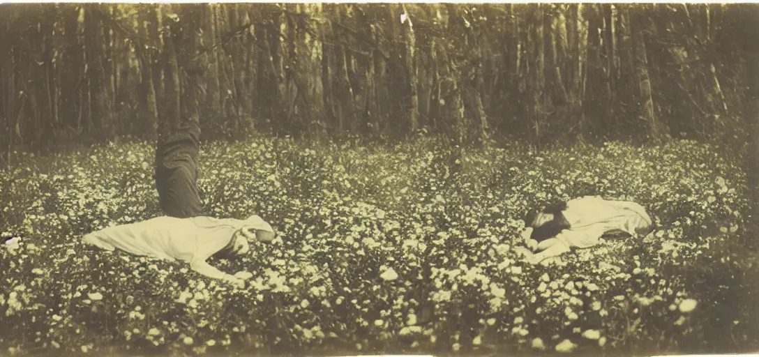 Prompt: beautiful woman on the ground covered in flowers, Forest, ray gods, 1910 top-down polaroid photography
