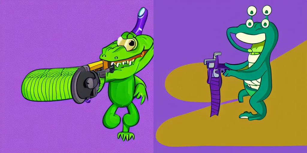 Prompt: cartoon anthropomorphic crocodile holding a gun on a purple background, trending on artstation, 4k, cartoon style