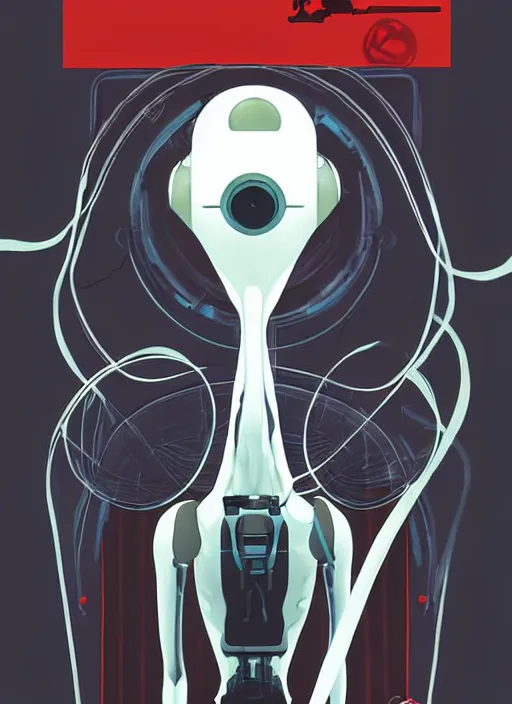 Prompt: poster artwork by Michael Whelan and Tomer Hanuka, of GLADOS from the game Portal 2, from Valve, Aperture Science, clean