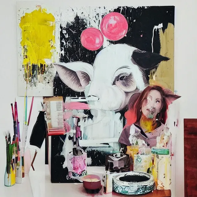 Image similar to “ a portrait in a female art student ’ s apartment, sensual, a pig theme, art supplies, paint tubes, ikebana, herbs, a candle dripping white wax, black walls, squashed berries, berry juice drips, acrylic and spray paint and oilstick on canvas, surrealism, neoexpressionism ”