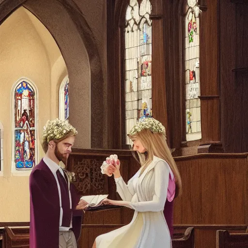 Image similar to a blonde haired woman and a brunette haired man getting married at a chapel, high detail, 4 k uhd, 8 k, great detail, very detailed