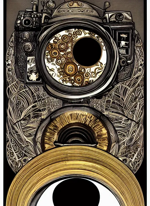 Image similar to photographer looking through camera, design on white background, gnarly details, gold, drawn by studio ghibli, alphonso mucha, lolish, trending on artstation