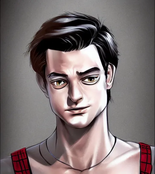 Prompt: very handsome peter parker with his spider suit removed to his waist, looking seductive, digital art, realistic