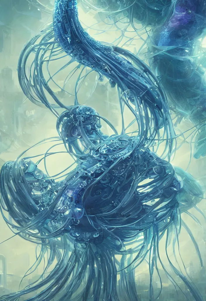 Image similar to Panorama hyper detailed painting of a cyberpunk jellyfish, blue tones, underwater, 8 mm, highly detailed, digital painting, artstation, concept art, smooth, sharp focus, illustration, art by artgerm and greg rutkowski and alphonse mucha