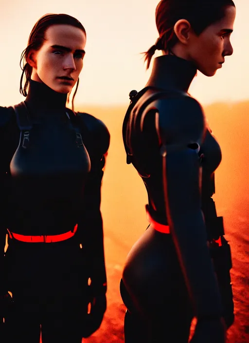 Image similar to cinestill 5 0 d photographic portrait of two sultry loving female androids wearing rugged black techwear on a desolate plain with a red sky, extreme closeup, cyberpunk style, garters, dust storm, 8 k, hd, high resolution, 3 5 mm, f / 3 2, ultra realistic faces, ex machina