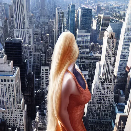 Prompt: a giant blonde woman climbing the empire state building, highly detailed, great lighting, 4 k