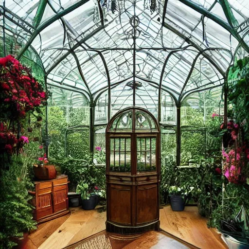 Image similar to a musical bedroom victorian greenhouse. The greenhouse is built into a giant oak tree, ornate, beautiful, atmosphere, vibe, volumetric, flowers, lighting,