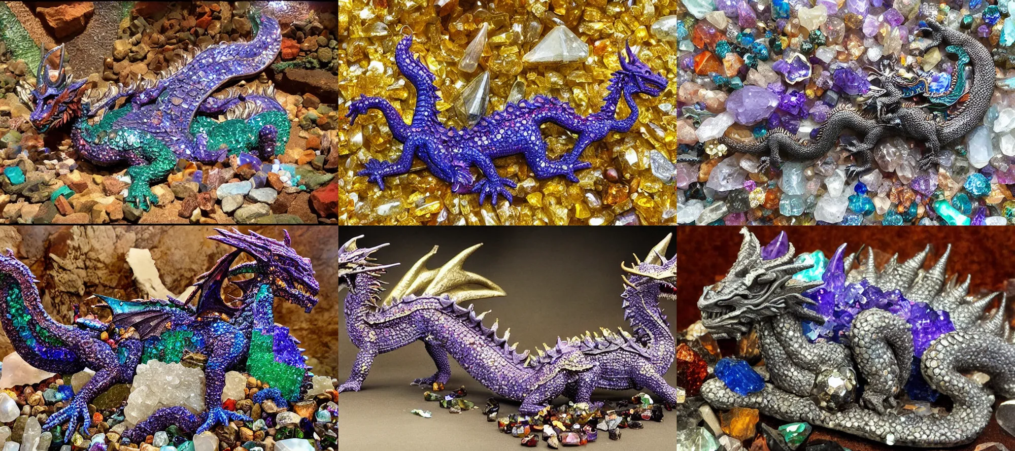 Prompt: a dragon made out of crystals. sleeping on a hoard of precious gemstones. in the style of the three elven kings of the third age.