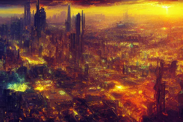 Prompt: Aerial shot of a cyberpunk city at sunset by Turner and Thomas Cole, Impressionism, Romanticism, neon lights, hyper detailed