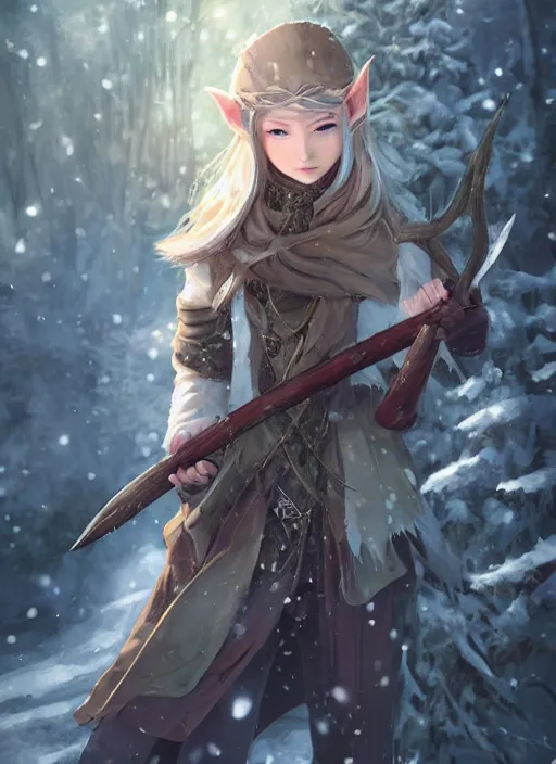 Image similar to a female elven hunter in winter, snowy background, snowy. Holding a hunting knife. Facing the camera, long shot. By Makoto Shinkai, Stanley Artgerm Lau, WLOP, Rossdraws, James Jean, Andrei Riabovitchev, Marc Simonetti, krenz cushart, Sakimichan, trending on ArtStation, digital art.