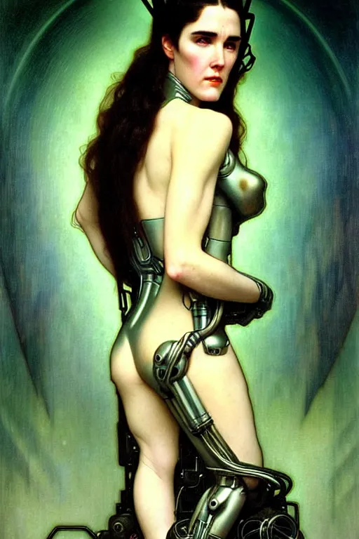 Image similar to young and beautiful evil cyborg jennifer connelly by future steichen in the style of tom bagshaw, alphonse mucha, gaston bussiere, cyberpunk. anatomically correct elegant cybernetic body mods. extremely lush detail. masterpiece. melancholic scene infected by night. perfect composition and lighting. sharp focus. high contrast lush surrealistic photorealism. sultry evil plan.