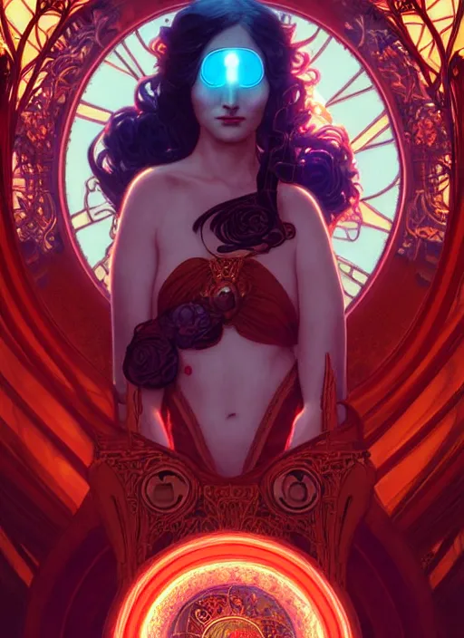 Image similar to the goddess ariadne smirking, steampunk, glowing eyes, volumetric lights, red and cyan theme, art nouveau botanicals, intricate, highly detailed, digital painting, artstation, concept art, smooth, sharp focus, cinematic, illustration, beautiful face, art by artgerm and greg rutkowski and alphonse mucha