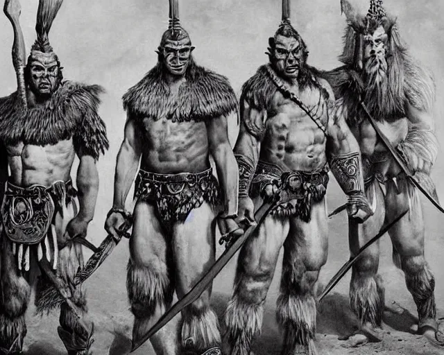 Prompt: group vintage photograph of a real fantasy warrior orc tribe, tall, muscular, armored, tribal paint, highly detailed