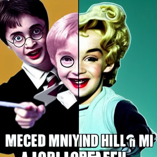 Image similar to a hard core meme featuring harry potter and marylin monroe