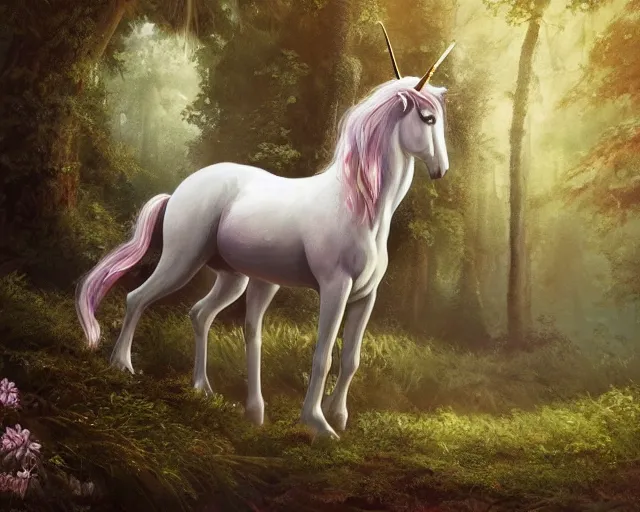 Image similar to fine art painting of a unicorn in a magical forest, artstation, cgsociety, very detailed, intricate