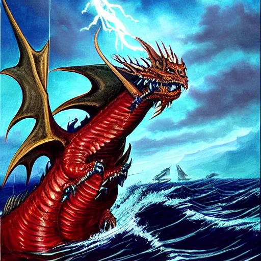 Prompt: Painting of evil scary sea dragon, coming out of the water with wings full head and face, symmetrical face, symmetrical red eyes, scales, out of the water to attack:: a large boat being attacked by the dragon:: rough seas, rough waters:: night, lightning, realistic, dnd art Keith Parkinson