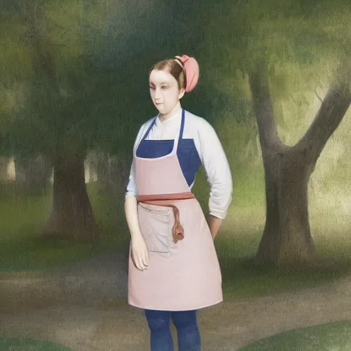 Prompt: a beautiful full body portrait of a young woman wearing an apron standing in a park, kantoku, james gilleard, very detailed, matte, gaussian blur, tone mapped William-Adolphe