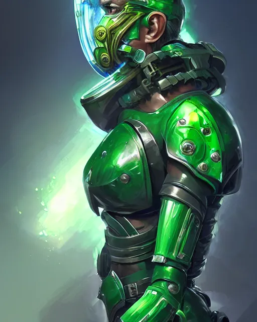 Image similar to concept art of a futuristic warrior, large tubes, green crystals in arms, futurstic sleek gas mask | | epic - fine - fine details by stanley artgerm lau, wlop, rossdraws, and sakimichan, trending on artstation, brush strokes