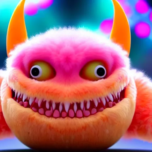 Prompt: an alien with a face that looks like a fuzzy peach the peach is fuzzy pink warm and ripe the alien has horns and a mean smile the alien has chicken feet cruel smile, 4k, highly detailed, high quality, amazing, high particle effects, glowing, majestic, soft lighting, detailed background