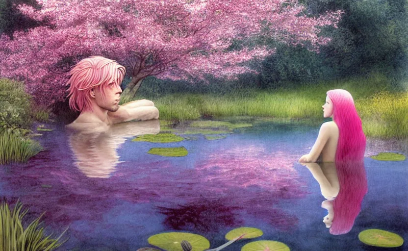 Image similar to harmony of pink haired merman backlit staring at black haired young man from across a pond, love at first sight, by alan lee, muted colors, springtime, colorful flowers & foliage in full bloom, sunlight filtering through trees & skin, digital art, art station cfg _ scale 9