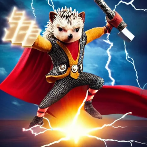 Image similar to the hedgehog thor ~ holding his hammer ~ dramatic thunder background ~ fighting scene ~