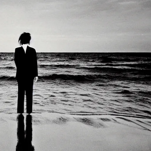 Image similar to japanese man with long hair in a suit standing in the ocean looking at the camera, wide shot, far away, zoomed out, distance!!!!!!! shot, sunset, album cover, 1980, tatsuro yamashita, ride on time