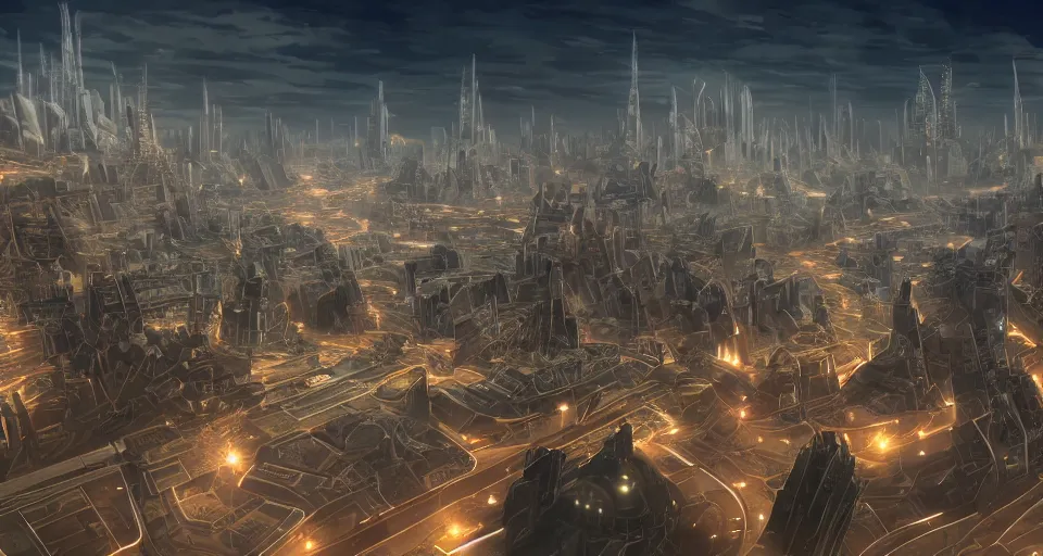 Image similar to view on futuristic city in the horizon, in style of magiccore, detailed, sharp, 8 k