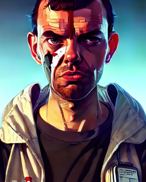 Image similar to hyper - realistic portrait of a damaged and broken robot, gta v cover art, celshading, sharp focus, intricate, detailed, rhads, andreas rocha, makoto shinkai, lois van baarle, ilya kuvshinov, greg rutkowski, dynamic lighting, grunge aesthetic, 4 k