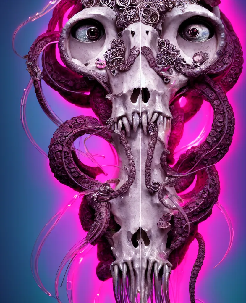 Image similar to goddess princess face close-up portrait ram skull. sculpture made of neon lamps and metal. jellyfish phoenix head, nautilus, orchid, skull, betta fish, bioluminiscent creatures, intricate artwork by Tooth Wu and wlop and beeple. octane render, trending on artstation, greg rutkowski very coherent symmetrical artwork. cinematic, hyper realism, high detail, octane render, 8k