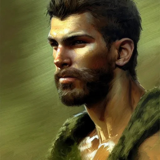 Image similar to young solider by a river, playful, male, muscular, green eyes, straight nose, beard, detailed face, gorgeous, amazing, muscular, intricate, highly detailed, painting by Gaston Bussiere, Craig Mullins