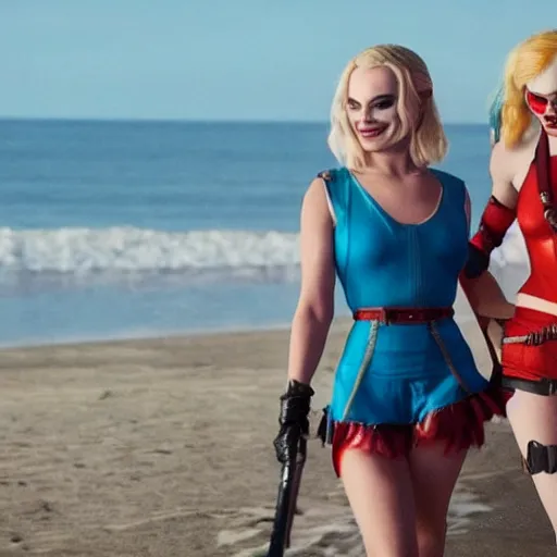 Image similar to margot robbie harley quinn at the beach 4 k detailed super realistic