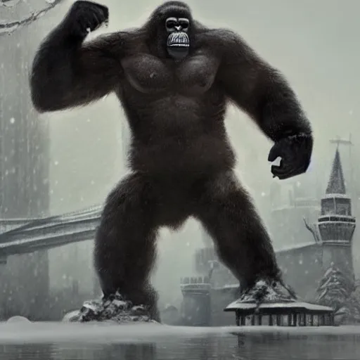 Image similar to angry and aggressive king kong in winter moscow, digital painting, very detailed, art by jakub rozalski and artgerm