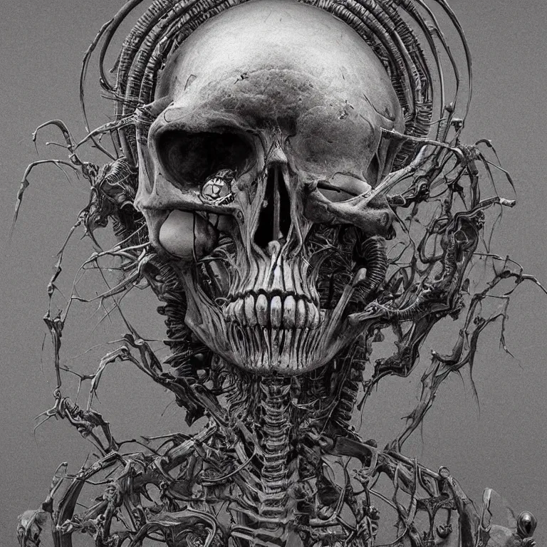 Image similar to organic cyborg alien skeleton alien centipede planet face style of zdzislaw beksinski surrealism poster art album cover contrast skull eyeballs simple background